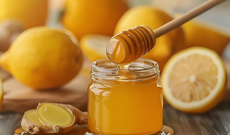 Słoik z miodem na tle cytryn i imbiru